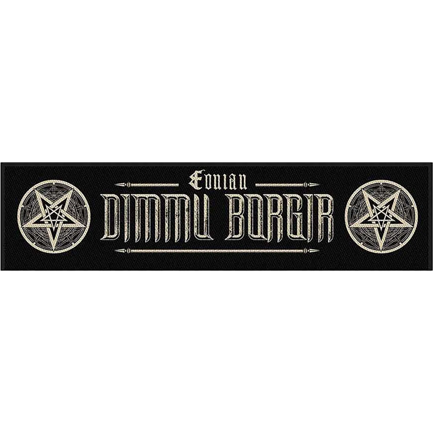 Patch à coudre officiel Dimmu Borgir Eonian avec logo, pentagrammes et broderie noire et blanche, 10 × 4 cm | Official Dimmu Borgir Eonian sew-on patch featuring the logo, pentagrams and black-and-white embroidery, 10 × 4 cm