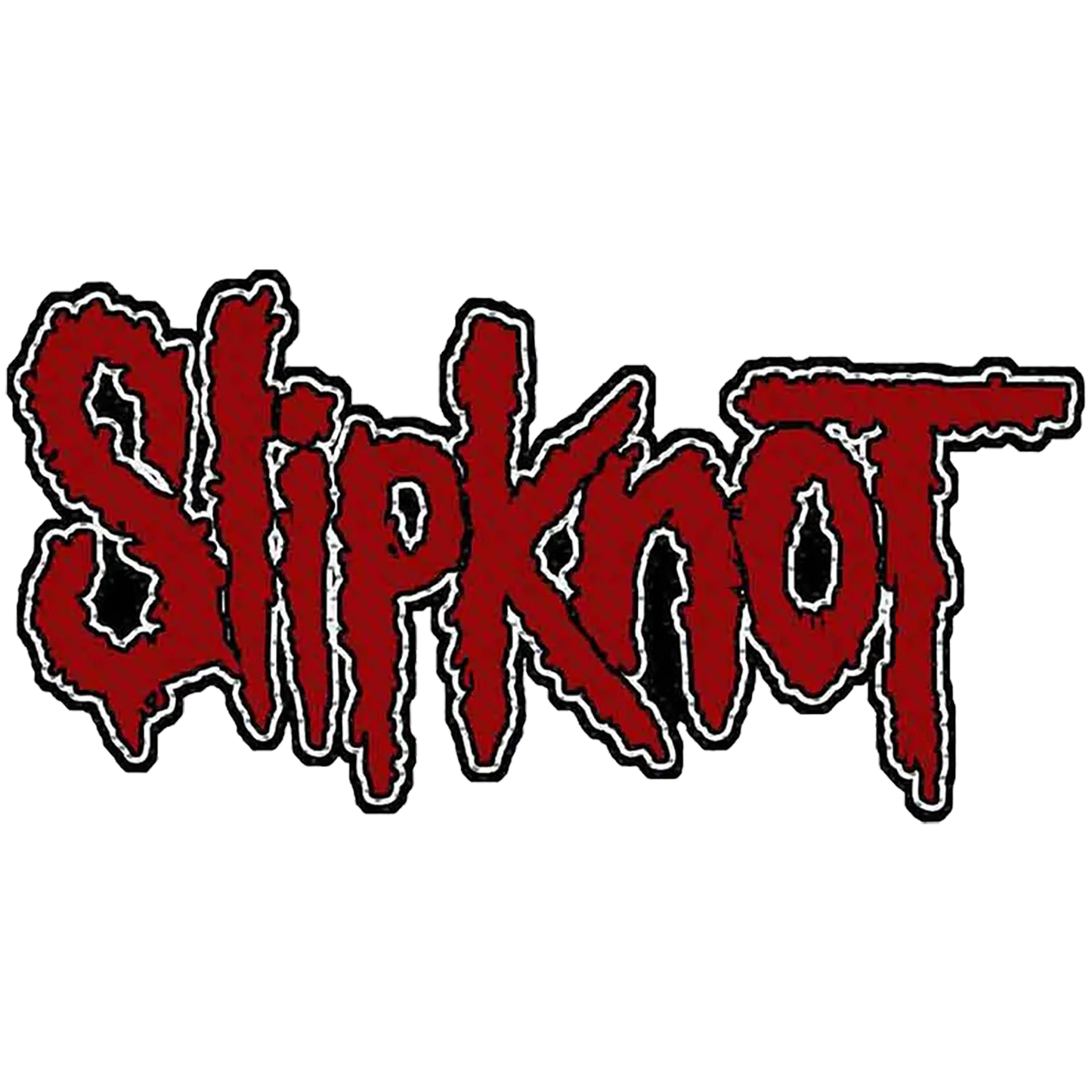 Patch Slipknot Logo Cut Out tissé à coudre 10 × 5 cm, logo rouge bordé de blanc et noir | Slipknot Logo Cut Out 10 × 5 cm woven sew-on patch, red logo outlined in white and black