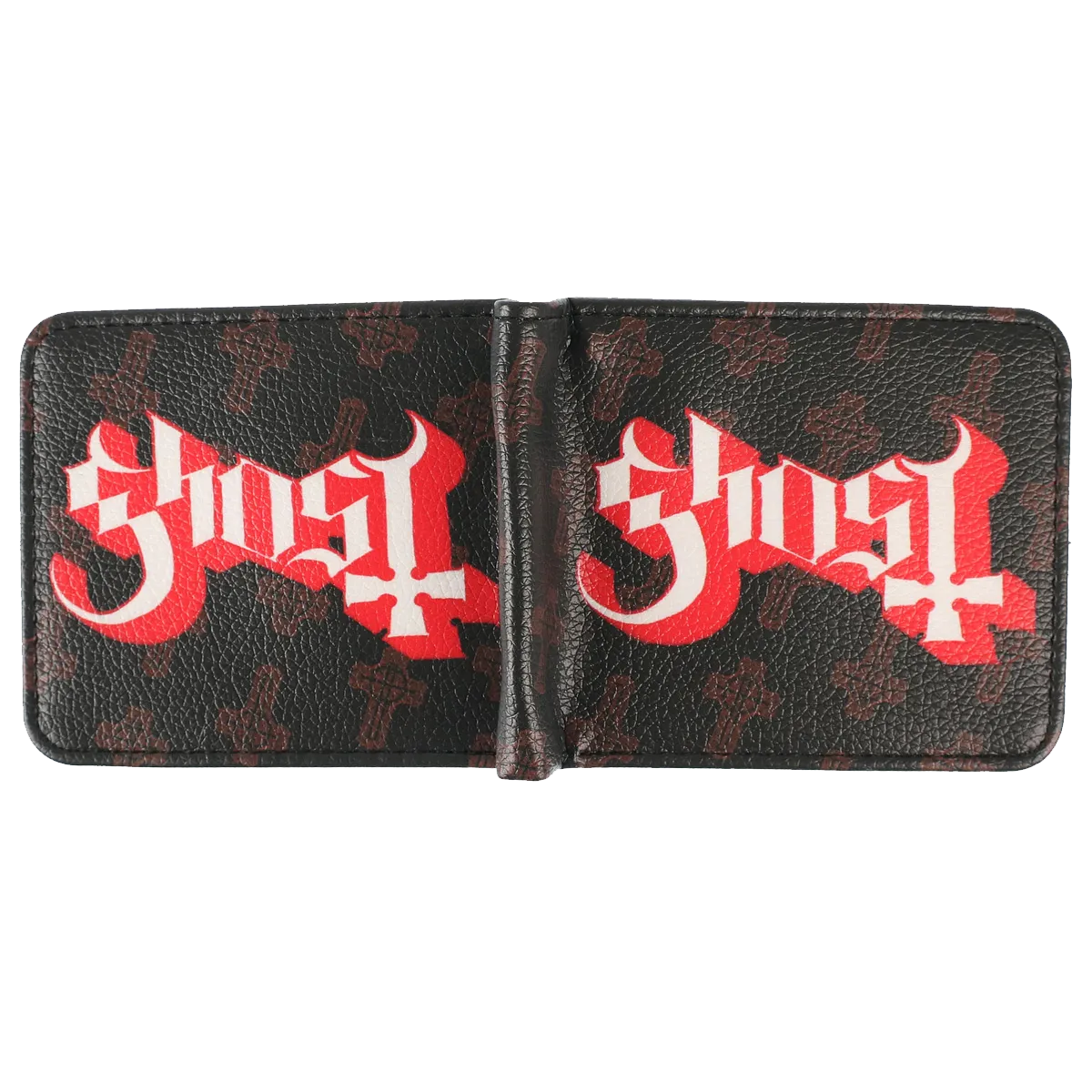 Portefeuille Ghost logo rouge avec crucifix ouvert - vue extérieure