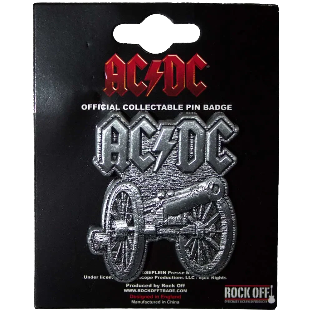 Pin's officiel AC/DC - For Those about to Rock présenté sur carte Rock Off - badge argenté sous licence 2024
