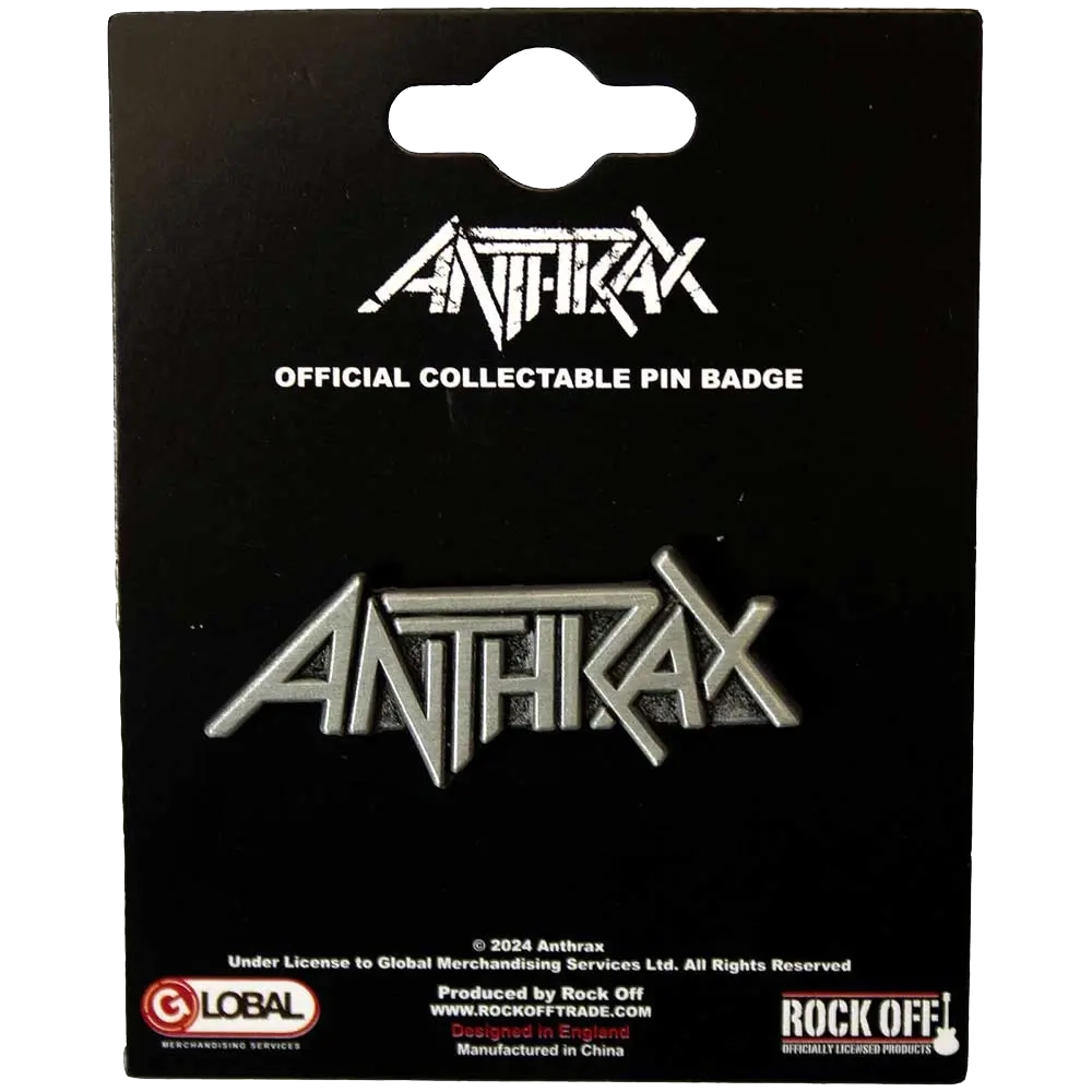 Pin's officiel Anthrax présenté sur carte Rock Off - badge argenté sous licence 2024
