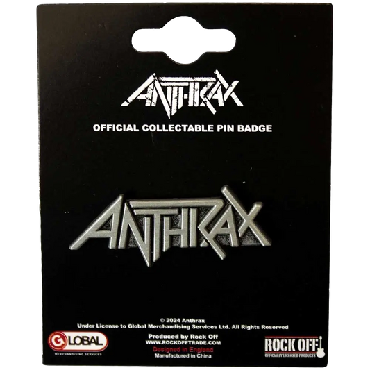 Pin officiel Anthrax présenté sur carte Rock Off - badge argenté sous licence 2024