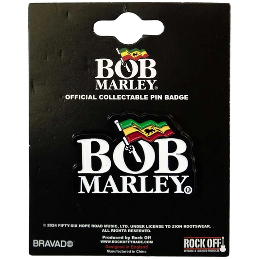 Pin officiel Bob Marley présenté sur carte Rock Off - badge blanc et vert jaune rouge sous licence 2024