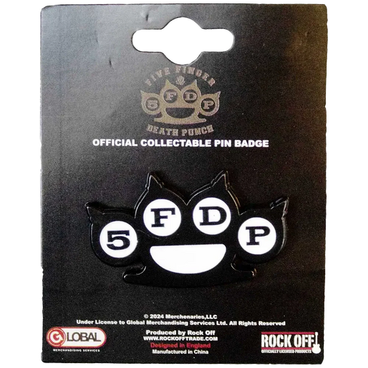 Pin officiel Five Finger Death Punch présenté sur carte Rock Off - badge blanc et noir sous licence 2024
