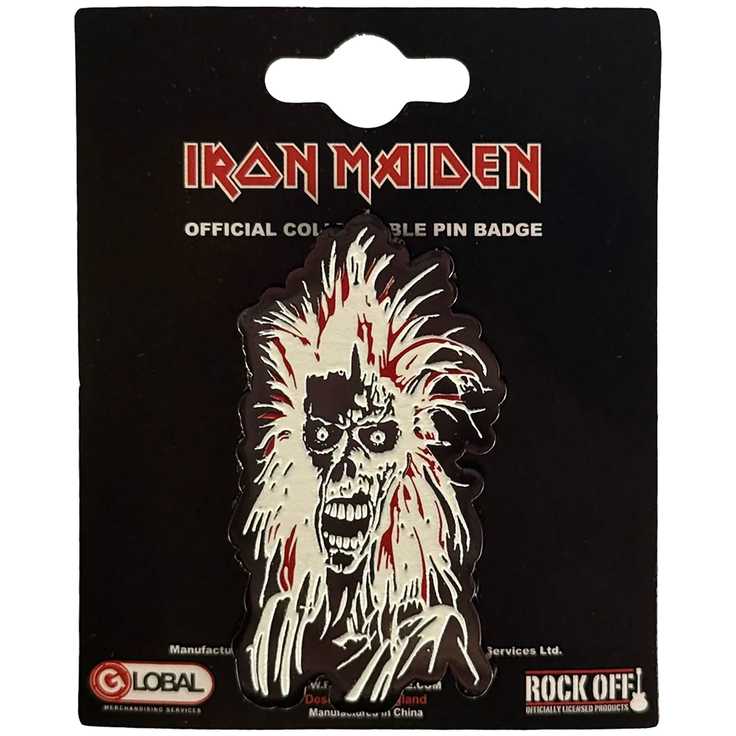 Pin's officiel Iron Maiden présenté sur carte Rock Off - Eddie du 1er album Iron Maiden | Official Iron Maiden pin shown on Rock Off card - Eddie from 1st album Iron Maiden