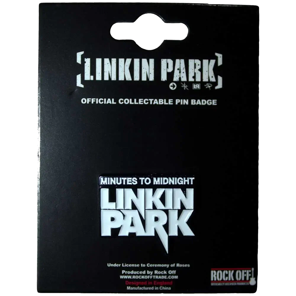 Pin officiel Linkin Park - Minutes to Midnight présenté sur carte Rock Off - badge noir et blanc sous licence 2024