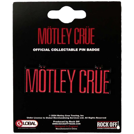 Pin officiel Mötley Crüe présenté sur carte Rock Off - badge rouge et noir sous licence 2024