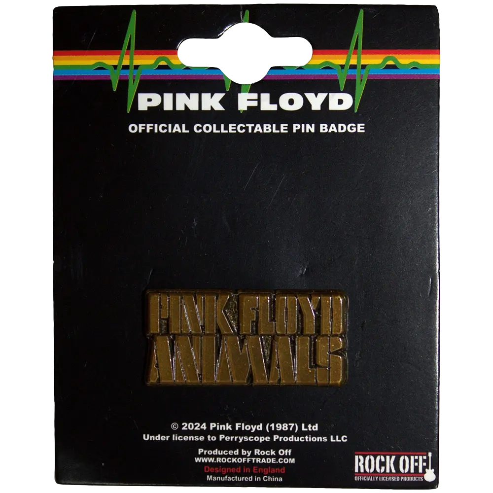 Pin's officiel Pink Floyd - Animals présenté sur carte Rock Off - badge doré sous licence 2024
