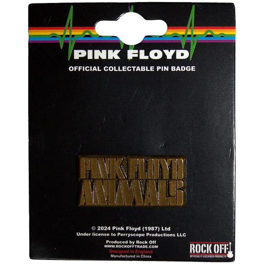 Pin officiel Pink Floyd - Animals présenté sur carte Rock Off - badge doré sous licence 2024