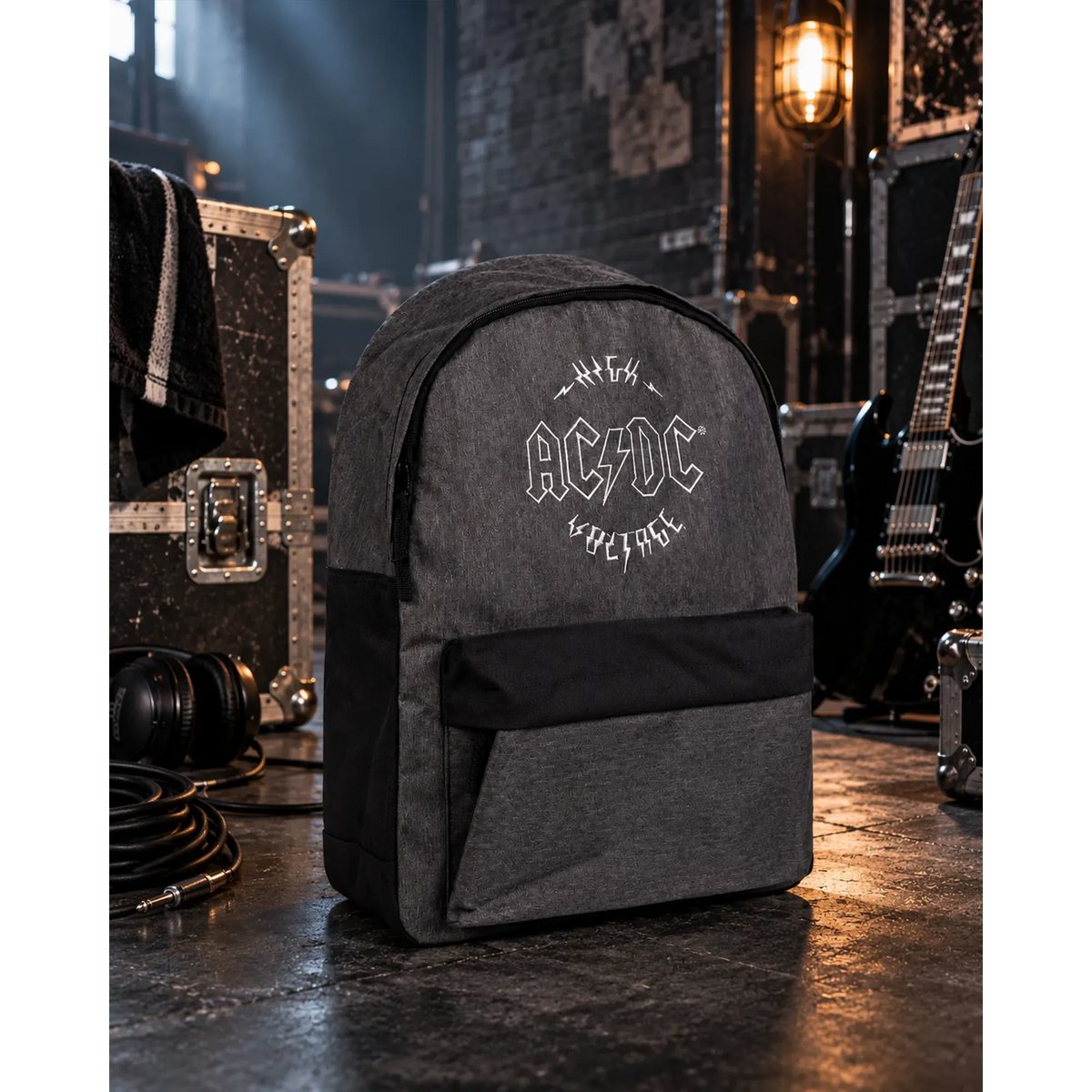 Sac à dos AC/DC gris et noir avec logo du groupe en décor backstage | Grey and black AC/DC backpack with band logo in a backstage setting