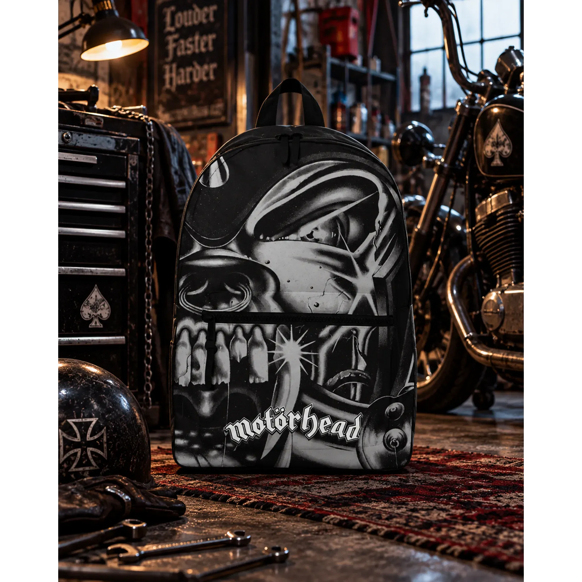 Sac à dos Motörhead noir et gris avec Warpig en décor garage rock | Black and grey Motörhead backpack with Warpig artwork in a rock garage setting