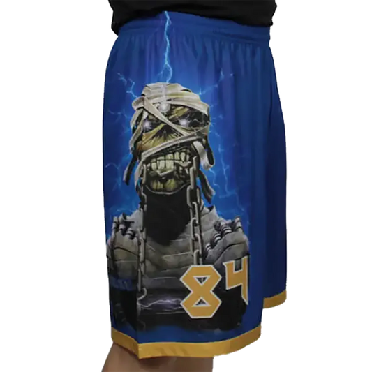 Right Side View of the Iron Maiden Powerslave Shorts with Eddie as a Pharaoh and the Number 84