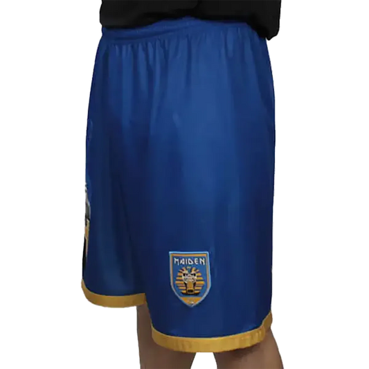 Right Side View of the Iron Maiden Blue Shorts with Gold Trim and Egyptian Crest Logo