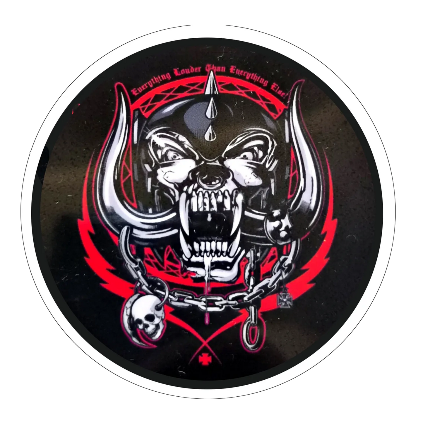 Sticker rond Motörhead Snaggletooth Everything Louder noir rouge Ø 7 cm | Motörhead Snaggletooth Everything Louder black red round sticker Ø 7 cm