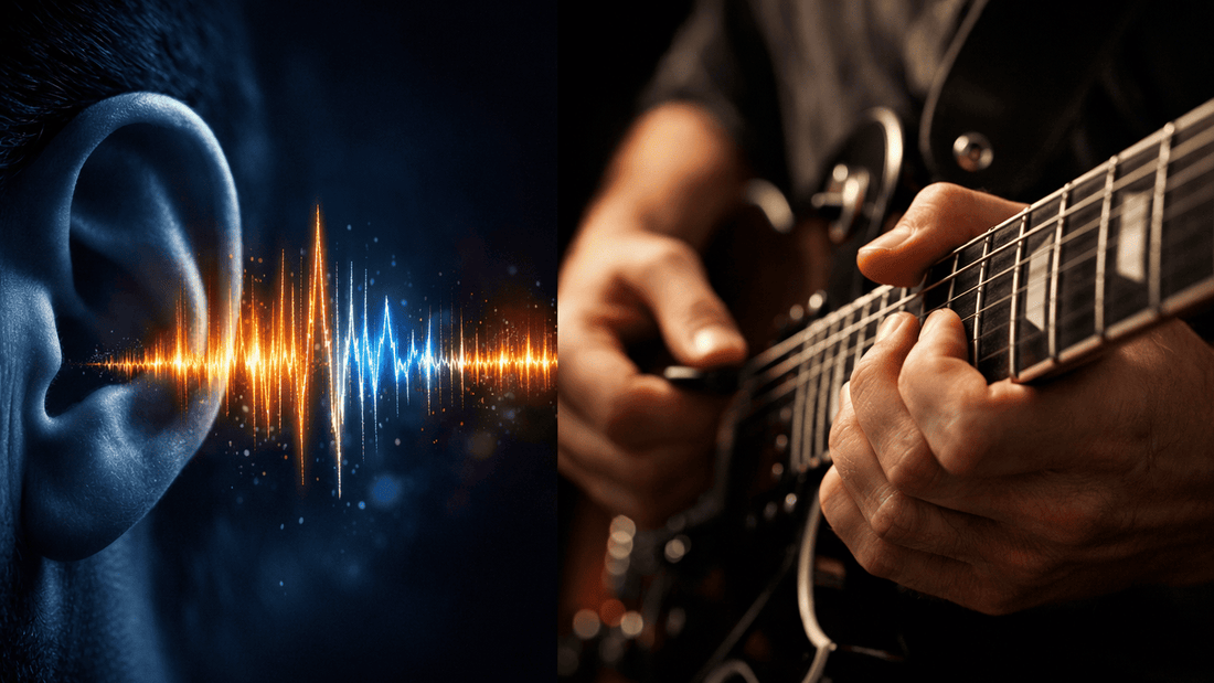 Oreille humaine en gros plan et guitare électrique, symbolisant la reconnaissance immédiate d’un son musical | Close-up of a human ear and an electric guitar, symbolizing instant recognition of a musical sound