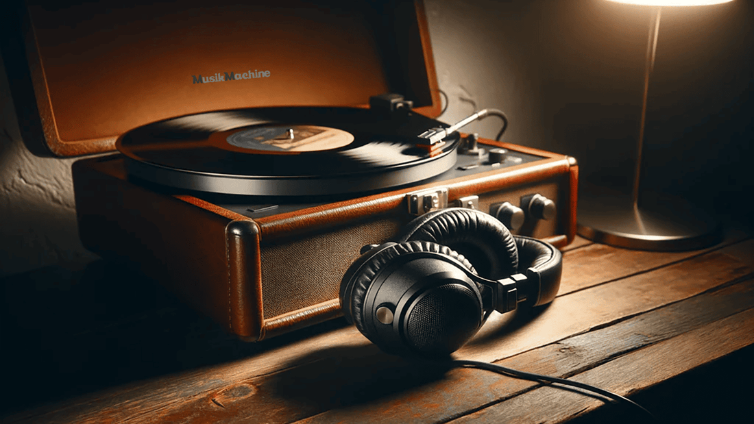 Platine vinyle vintage et casque audio posés sur une table en bois, ambiance noir et blanc évoquant une écoute musicale intime | Vintage turntable and headphones on a wooden table, black and white atmosphere evoking intimate music listening