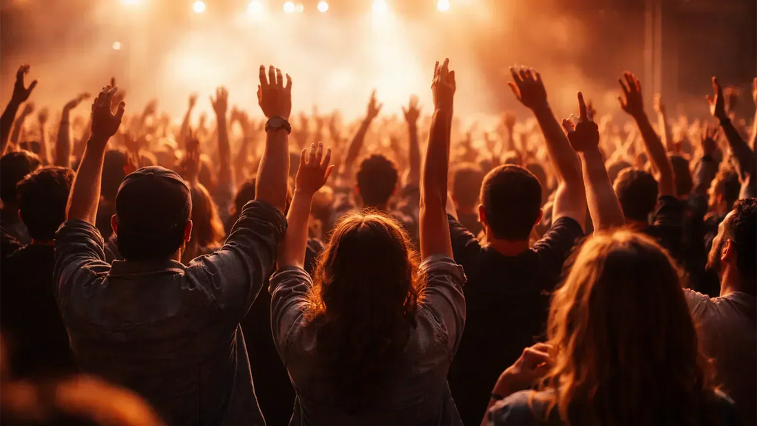 Foule de concert vue de dos, bras levés sous une lumière douce, illustrant le sentiment d’appartenance créé par la musique live | Concert crowd seen from behind with raised hands under soft lighting, illustrating the sense of belonging created by music