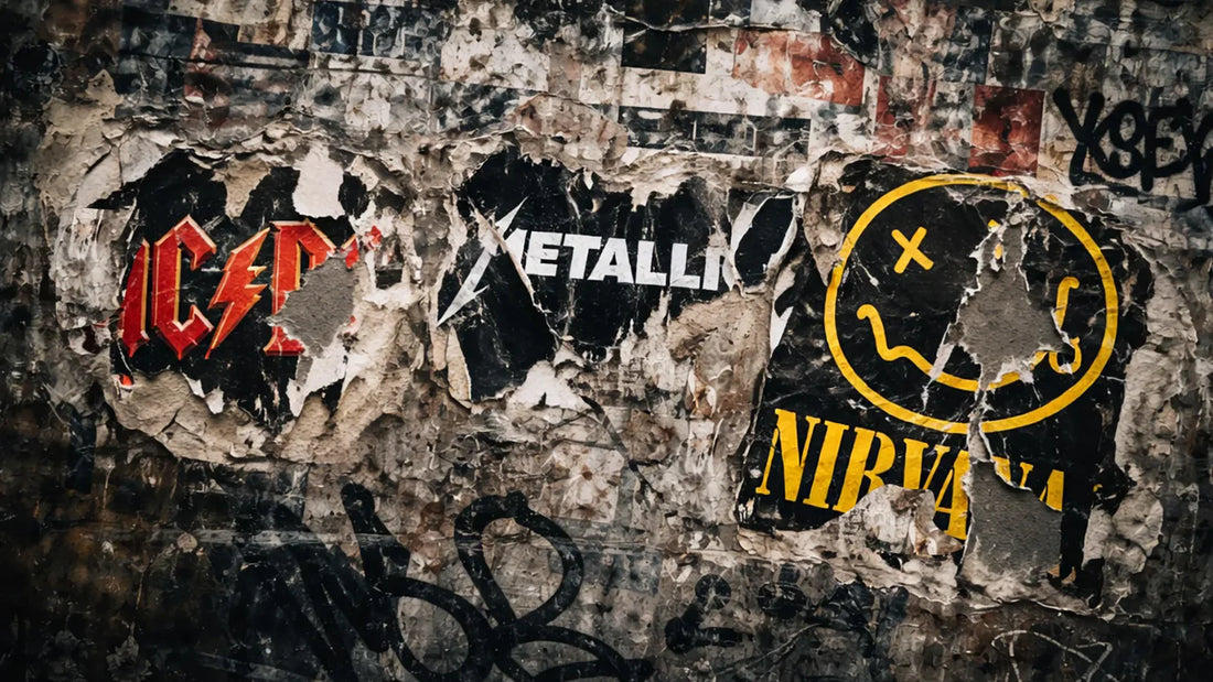 posters déchirés AC/DC, Metallica, Nirvana sur un mur | Torn  posters AC/DC, Metallica, Nirvana on a wall