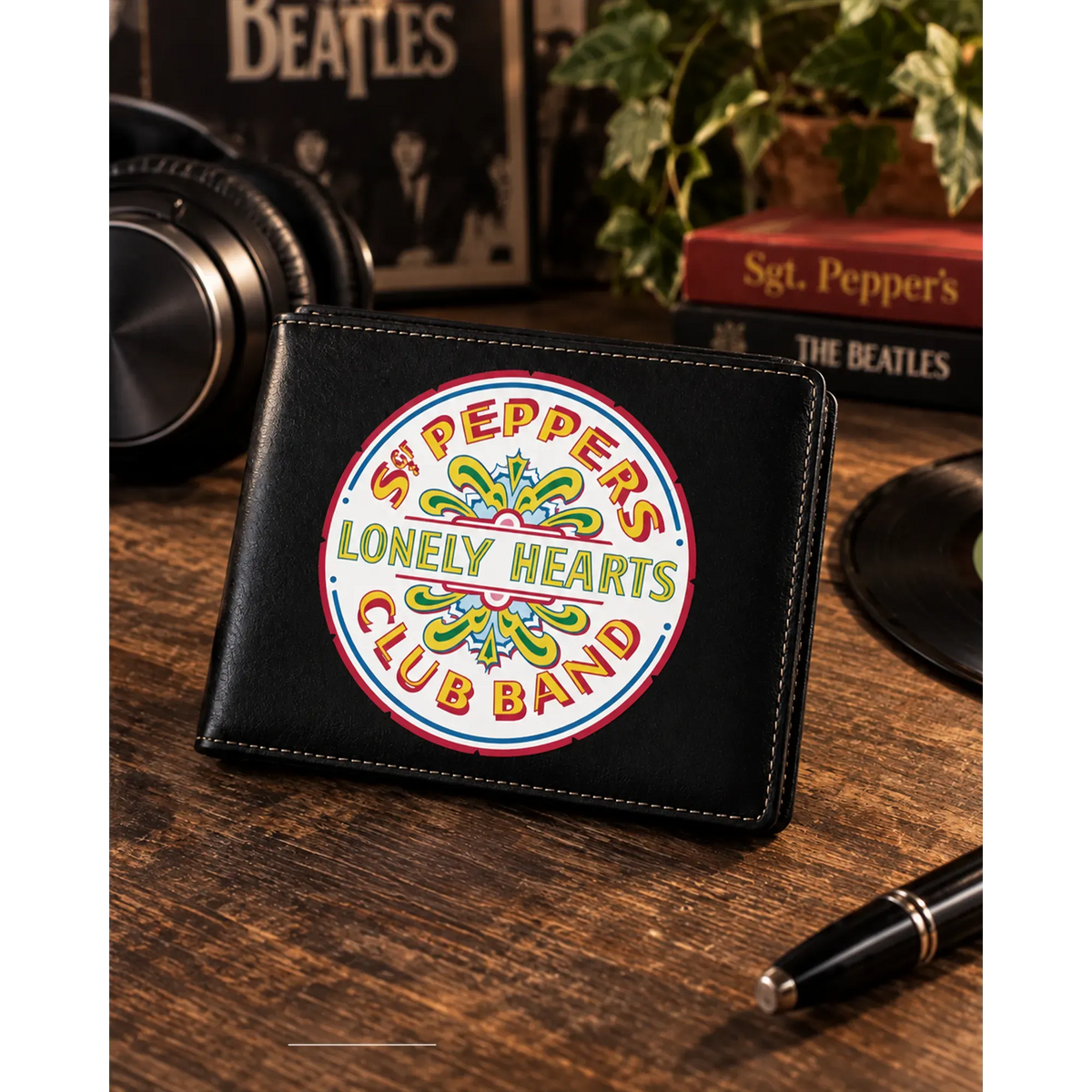 Portefeuille Rocksax Beatles Sgt. Pepper’s Lonely Hearts Club Band présenté en situation | Rocksax Beatles Sgt. Pepper’s Lonely Hearts Club Band wallet shown in a lifestyle setting