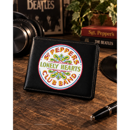 Portefeuille Rocksax Beatles Sgt. Pepper’s Lonely Hearts Club Band présenté en situation | Rocksax Beatles Sgt. Pepper’s Lonely Hearts Club Band wallet shown in a lifestyle setting