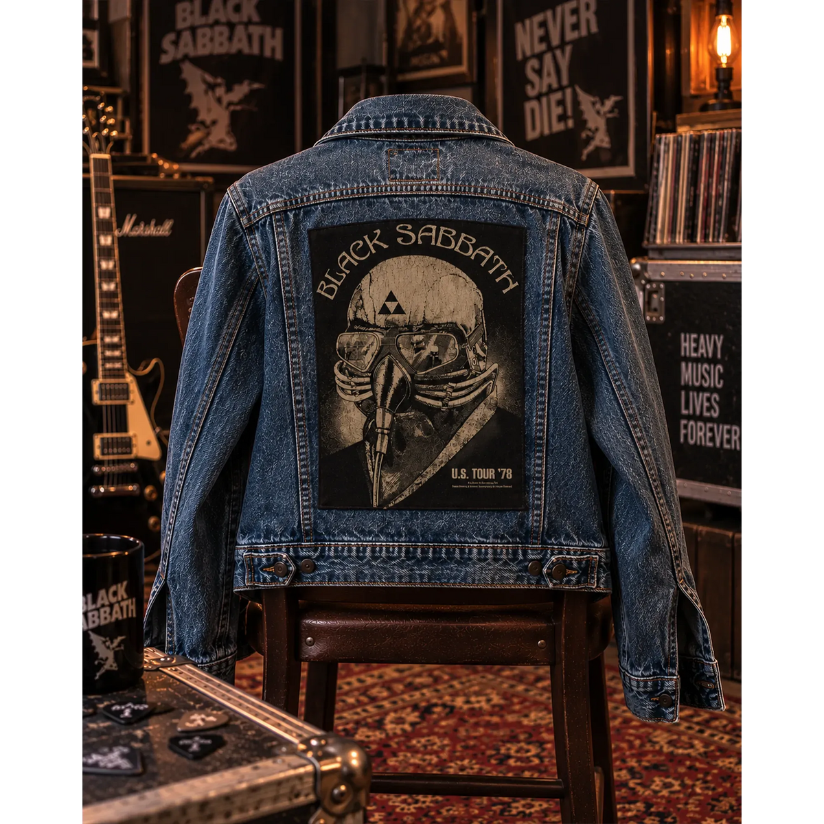 Backpatch Black Sabbath US Tour '78 30 × 35 cm sur veste en jean posée sur une chaise | Black Sabbath US Tour '78 30 × 35 cm backpatch on a denim jacket draped over a chair