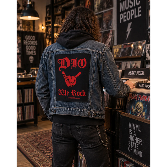 Backpatch Dio We Rock noir et rouge porté au dos d'une veste en jean dans un disquaire | Dio We Rock black and red backpatch worn on a denim jacket in a record shop