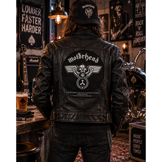 Backpatch Motörhead Snaggletooth porté au dos d'une veste en cuir noire dans un décor rock | Motörhead Snaggletooth backpatch worn on a black leather jacket in a rock setting