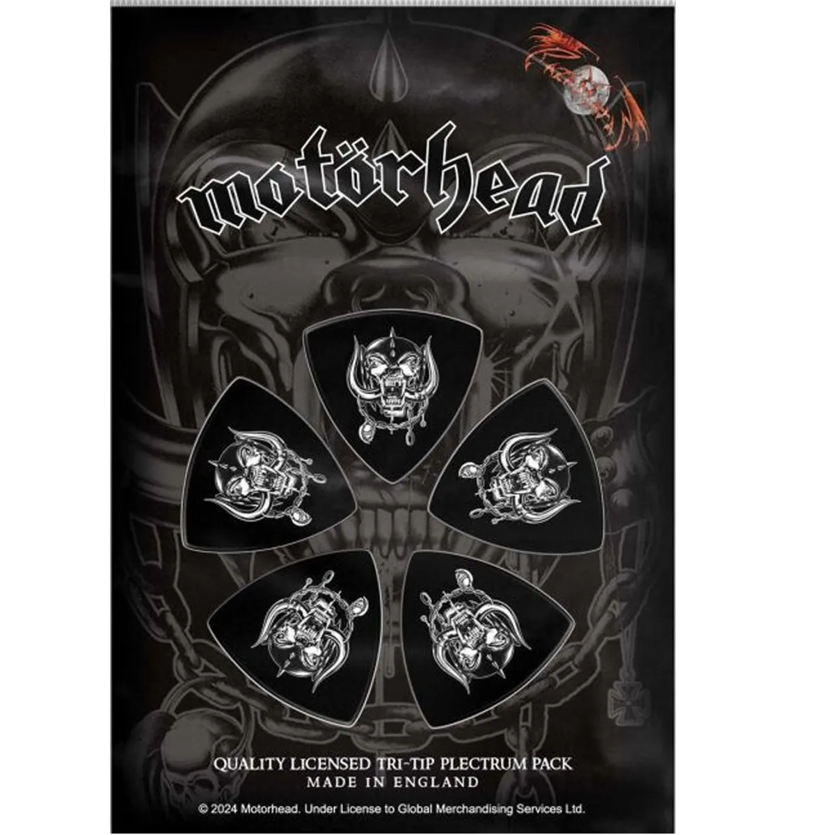 Set officiel de médiators tri-tip Motorhead présenté sur carte blister 