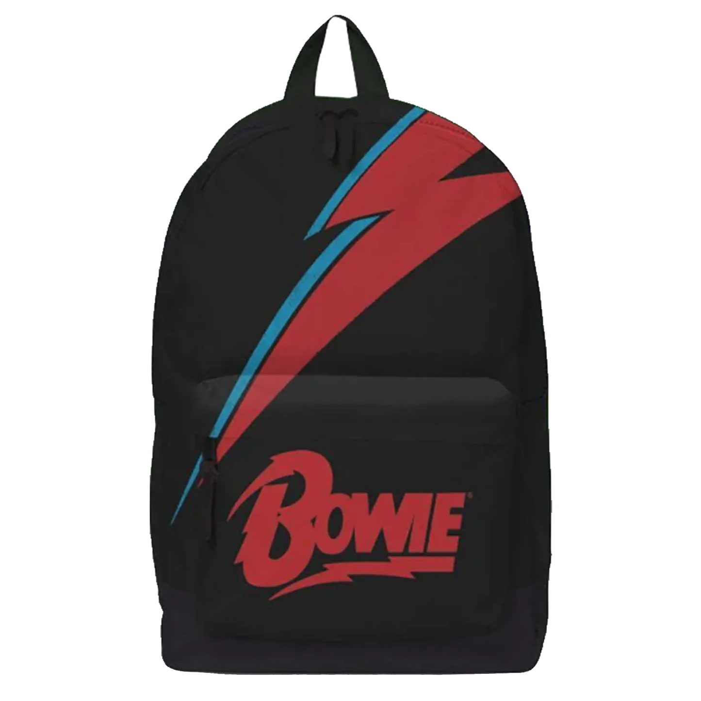 Sac à dos David Bowie Rocksax “Lightning Bolt” vu de face, motif éclair rouge et bleu