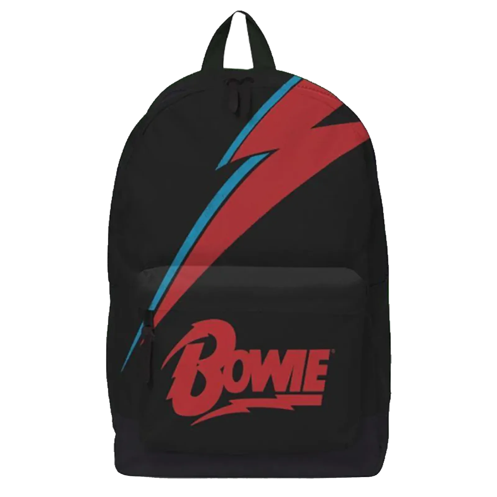 Sac à dos David Bowie Rocksax “Lightning Bolt” vu de face, motif éclair rouge et bleu