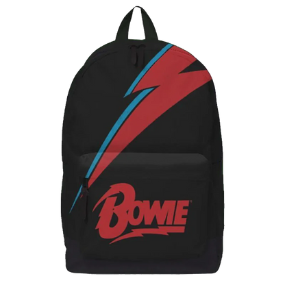 Sac à dos David Bowie Rocksax “Lightning Bolt” vu de face, motif éclair rouge et bleu