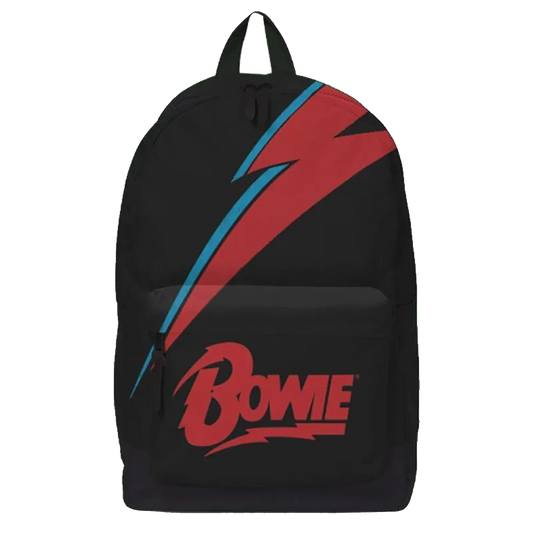 Sac à dos David Bowie Rocksax “Lightning Bolt” vu de face, motif éclair rouge et bleu