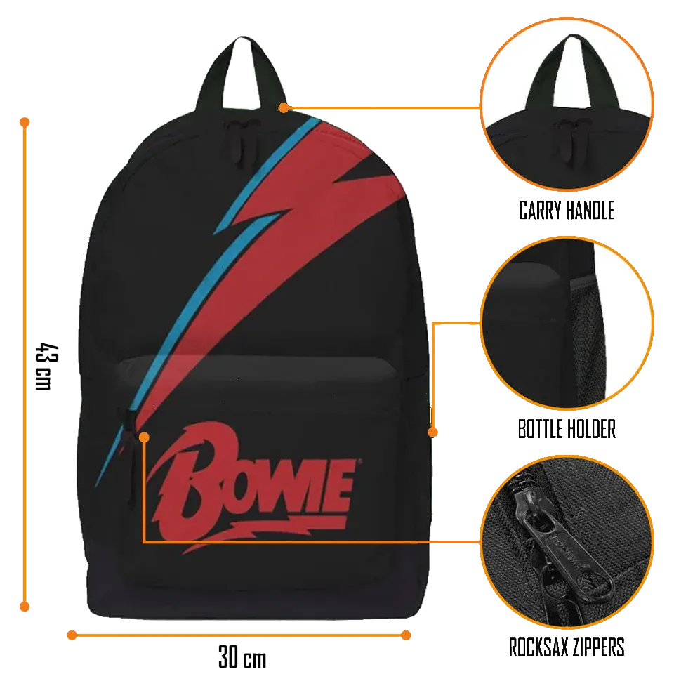Sac à dos David Bowie Lightning Bolt — fiche zoom matières et dimensions 43×30×15 cm