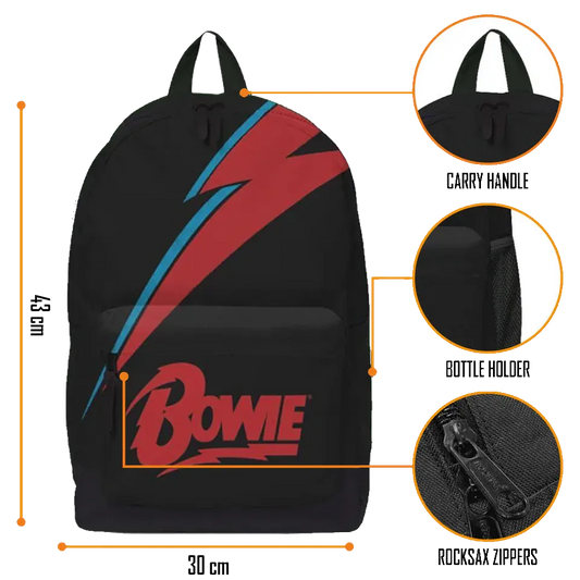 Sac à dos David Bowie Lightning Bolt — fiche zoom matières et dimensions 43×30×15 cm