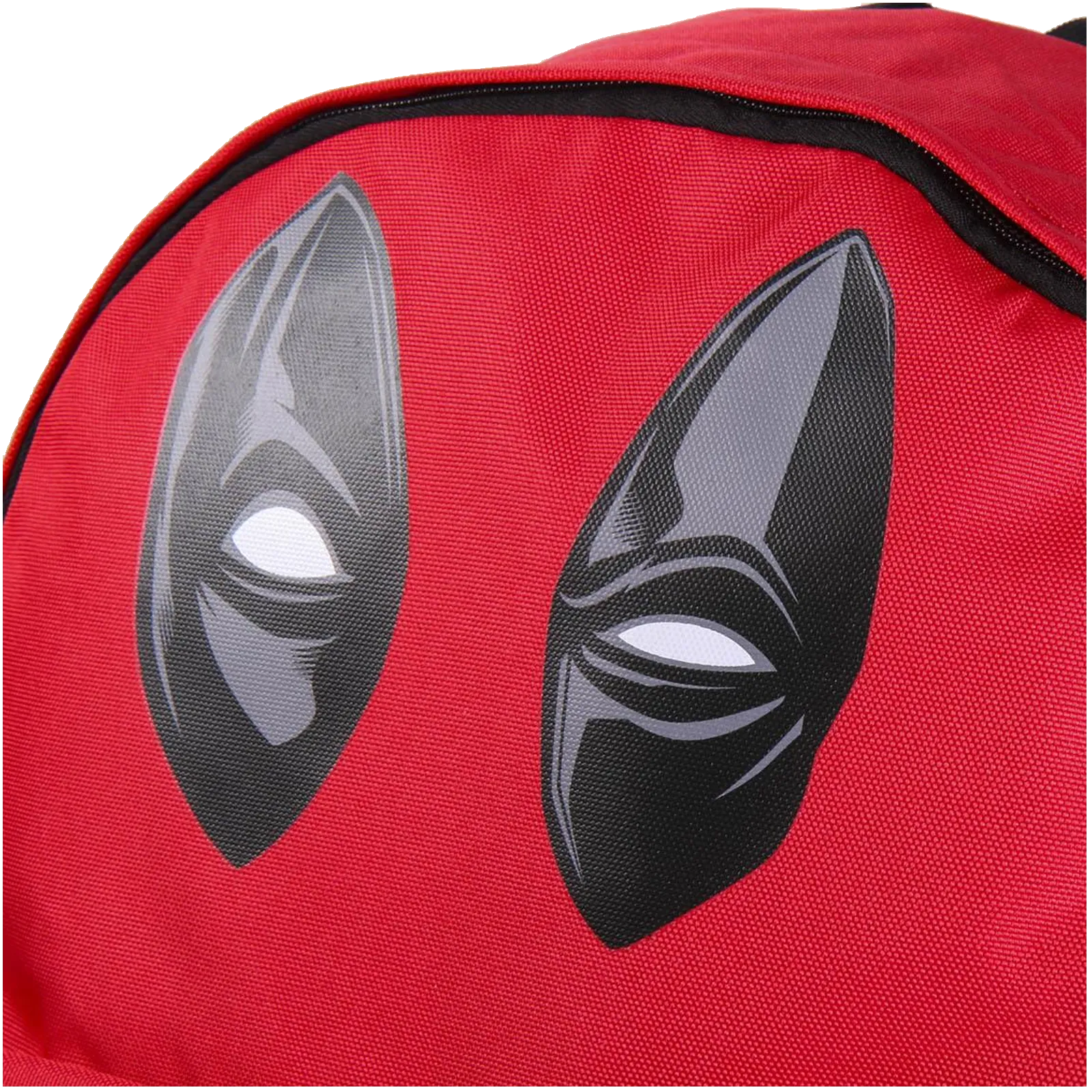 Gros plan sur les yeux du masque Deadpool sérigraphiés