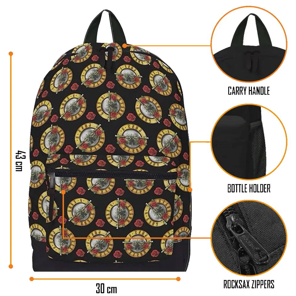 Sac à dos Guns N’ Roses RockSax officiel motif all over – détails poignée, tissu et fermetures