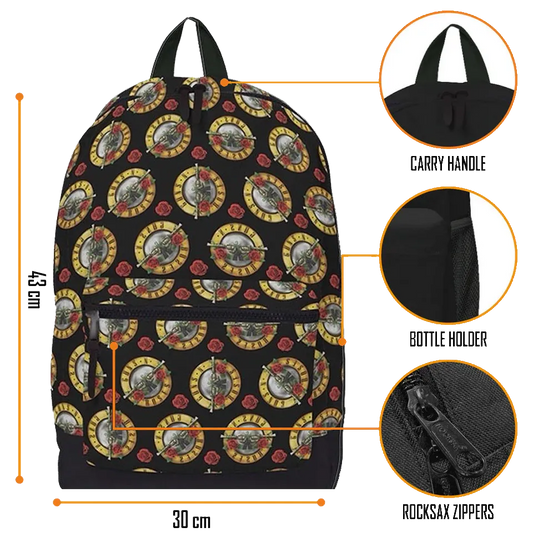 Sac à dos Guns N’ Roses RockSax officiel motif all over – détails poignée, tissu et fermetures