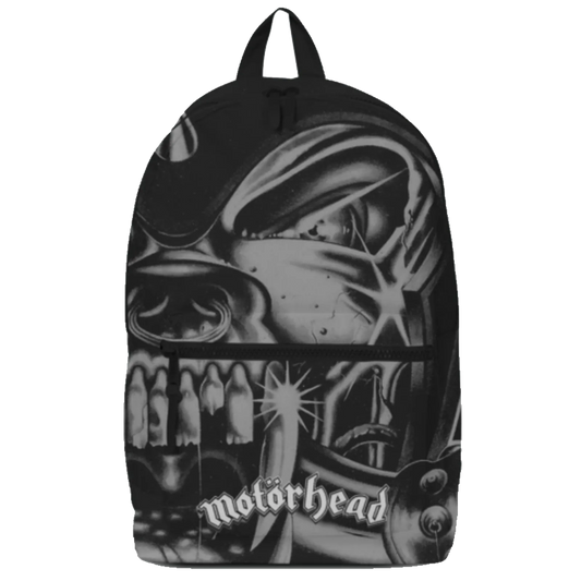 Sac à dos Motörhead RockSax noir avec visuel Snaggletooth en noir et blanc et logo du groupe.