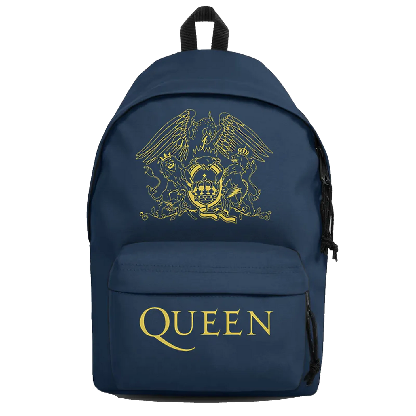 Sac à dos Queen bleu marine avec logo royal doré, poche avant et porte-bouteille latéral.