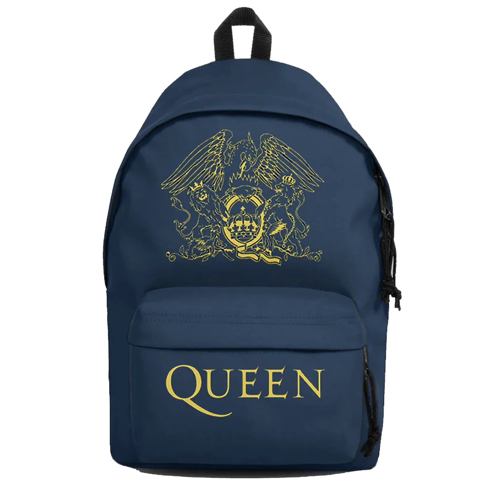 Sac à dos Queen bleu marine avec logo royal doré, poche avant et porte-bouteille latéral.