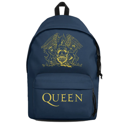 Sac à dos Queen bleu marine avec logo royal doré, poche avant et porte-bouteille latéral.