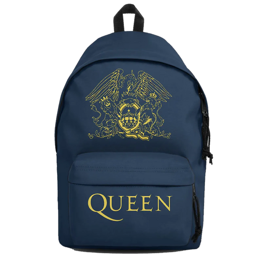 Sac à dos Queen bleu marine avec logo royal doré, poche avant et porte-bouteille latéral.
