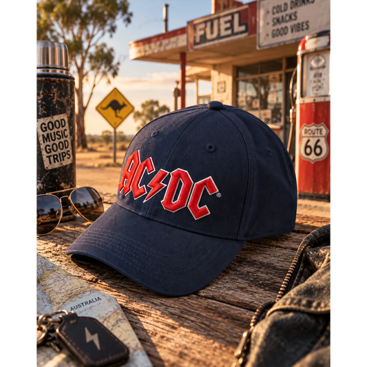 Casquette AC/DC bleu marine avec logo rouge brodé en relief en mise en scène | AC/DC navy blue cap with raised red embroidered logo in lifestyle setting