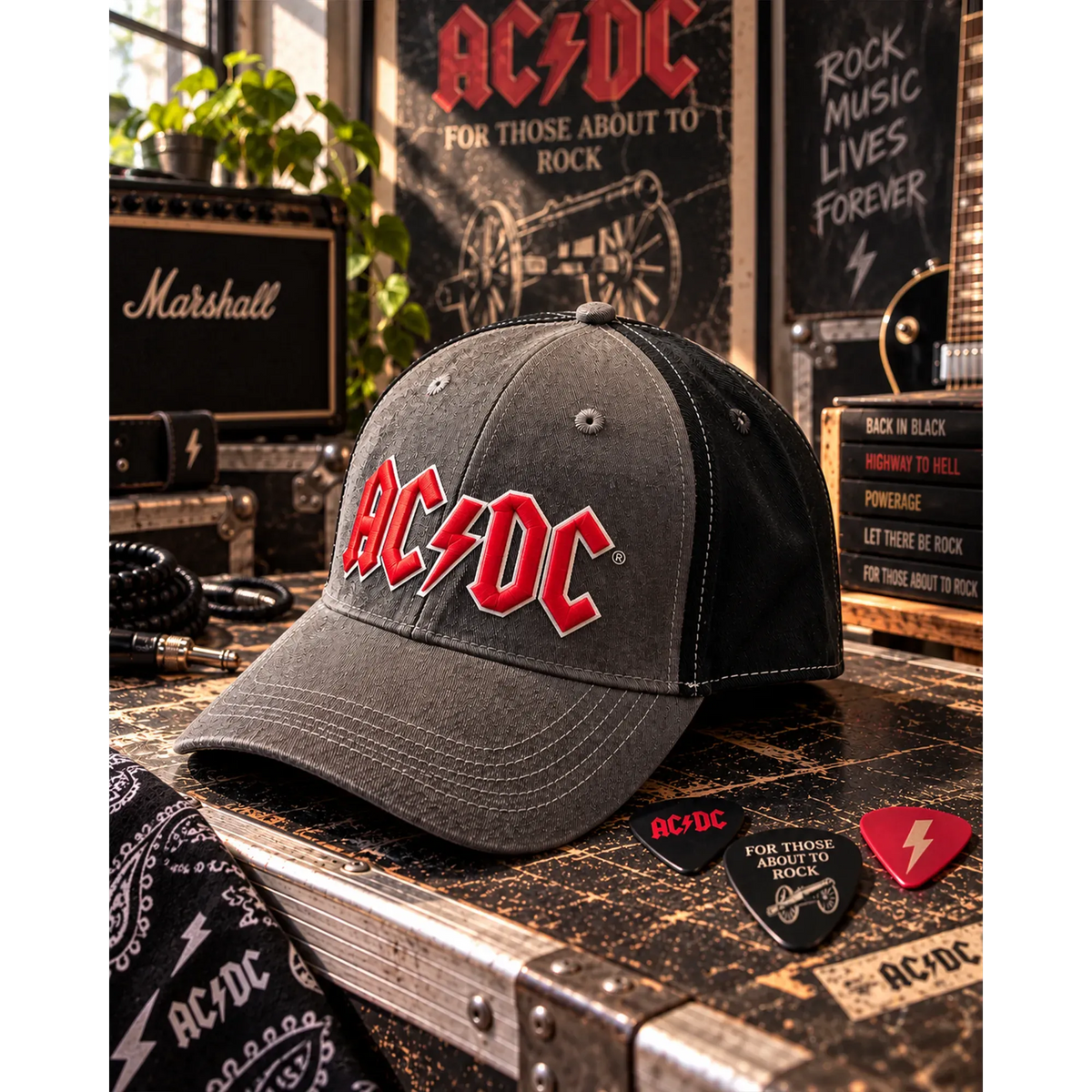Casquette AC/DC gris foncé et noir avec logo brodé rouge et blanc en décor rock | Dark grey and black AC/DC cap with red and white embroidered logo in rock setting