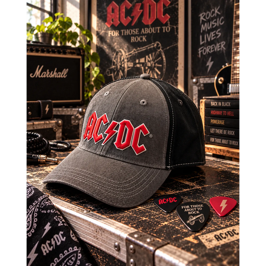 Casquette AC/DC gris foncé et noir avec logo brodé rouge et blanc en décor rock | Dark grey and black AC/DC cap with red and white embroidered logo in rock setting