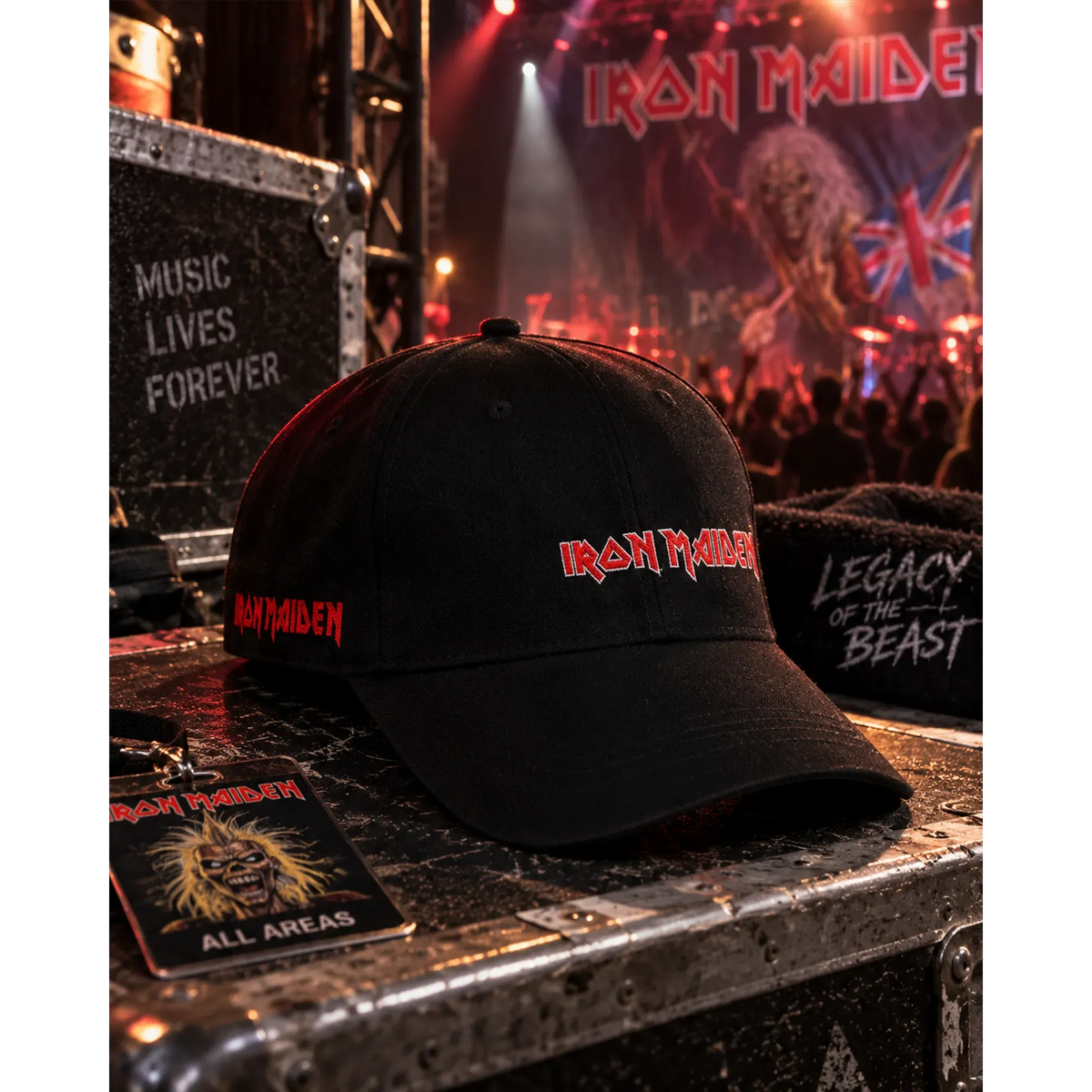 Casquette Iron Maiden noire avec logo rouge et blanc dans une ambiance de concert | Black Iron Maiden cap with red and white logo in a live concert setting