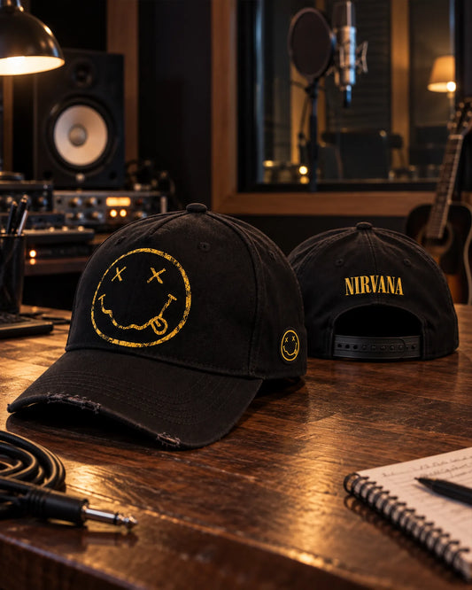 Casquette Nirvana noire Smiley dans un studio d'enregistrement | Black Nirvana Smiley cap in a recording studio