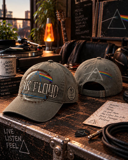 Casquette Pink Floyd grise Dark Side of the Moon dans un décor musical rétro | Grey Pink Floyd Dark Side of the Moon cap in a retro music setting