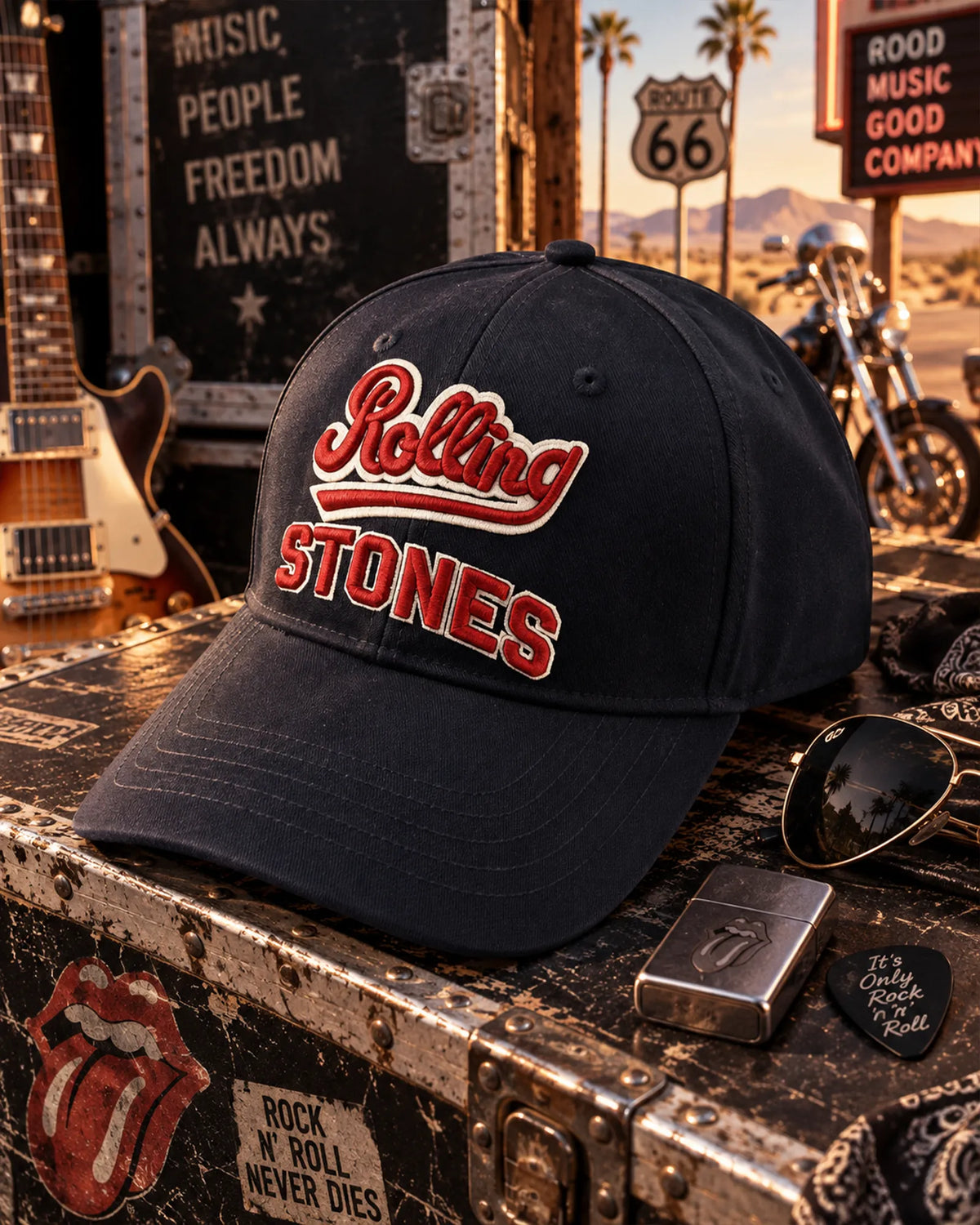 Casquette Rolling Stones noire avec logo rouge dans un décor rock | Black Rolling Stones cap with red logo in a rock setting