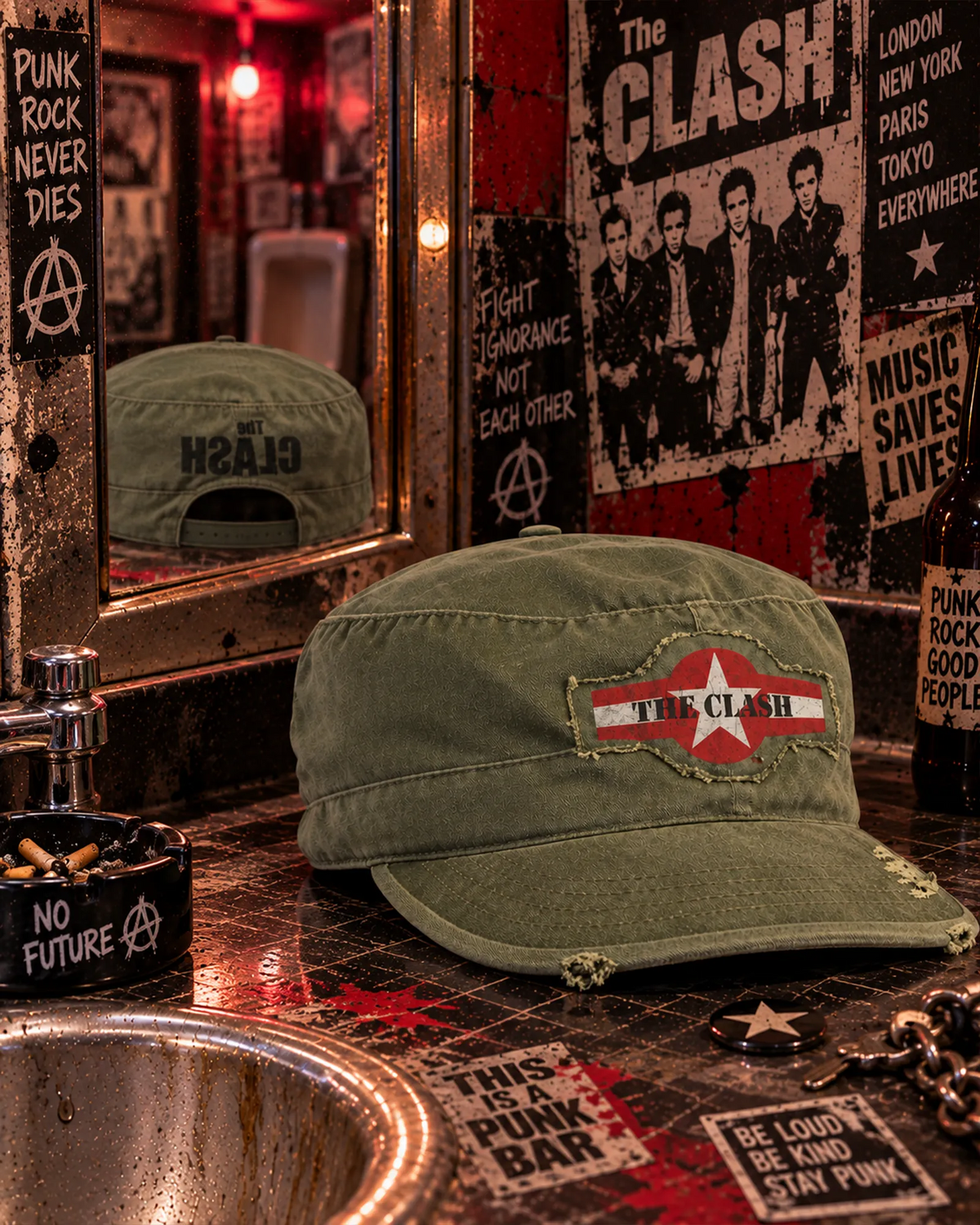 Casquette The Clash kaki Star Logo dans un décor punk rock | Khaki The Clash Star Logo cap in a punk rock setting